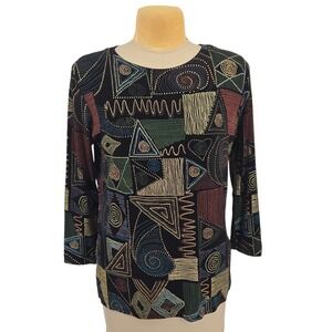 Marshall-Rousso Top M Black Geometric Abstract Vintage Artsy Resort Going Out